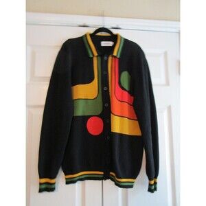 OXKNIT Sweater Mens Large Black Geometric Button Up Collared Knit Retro Style
